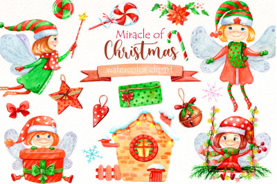 Watercolor Christmas fairy clipart | Holiday Png bundle.