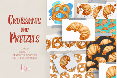 Croissants and pretzel. Cliparts, patterns and cards