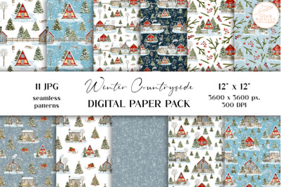 Christmas House Digital Paper Pack. Watercolor Winter Seamless Pattern