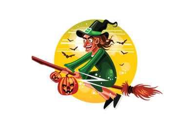 Halloween Witches Fly with Broomstick