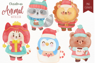 Christmas animal Christmas watercolor kawaii clipart holiday
