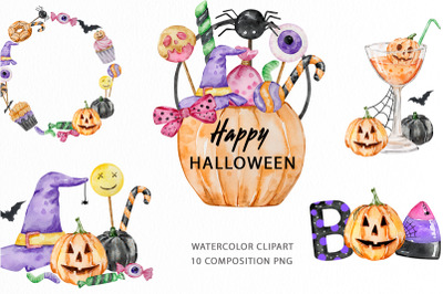 Watercolor Halloween Bucket Candy Clipart