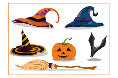 halloween elements with hats with pumpkin and broom