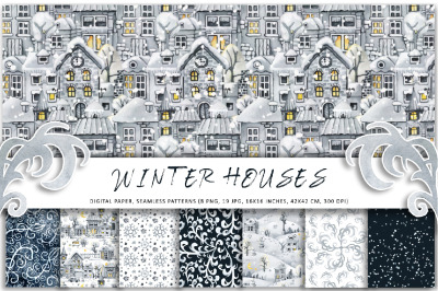 Winter Christmas houses digital paper with seamless patterns