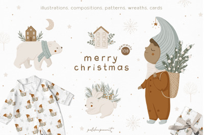 Kids and animals Christmas clipart and seamless pattern