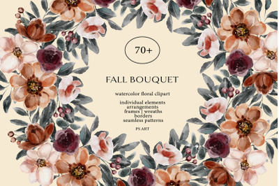 Watercolor Fall Flowers &amp; Pumpkin Clipart Collection