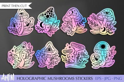 Holographic Stickers PNG | Magic Mushrooms Sticker Bundle