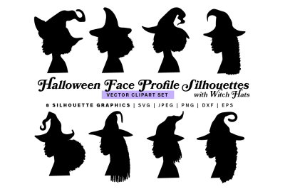 Halloween Afro Black Woman Face Profile Silhouettes with Witch Hats
