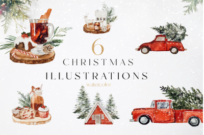 Christmas watercolor clipart, png, car, Truck, mulled wine