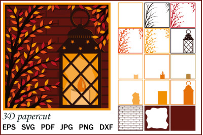 Multilayer 3D Postcard template, autumn lantern, Shadow Box