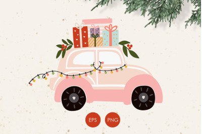 Winter car PNG, Pink car Png, Christmas car Png, Printable car Png