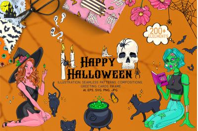 Halloween Honeys Illustrations Clip Art Collection, Digital Stickers,