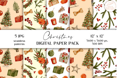 Christmas Digital Paper. Retro Winter Holidays Seamless Patterns