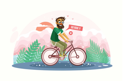 Hipster Man Riding Bicycle Vector Illustration