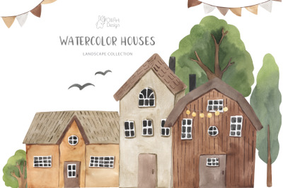 HOUSES. Watercolor landscape clipart