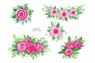 Watercolor pink  flowers clipart