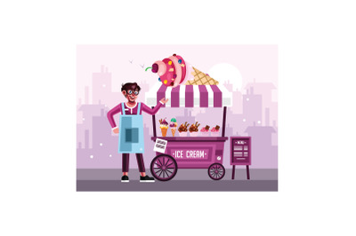 Ice Cream Street Food Cart with Seller