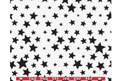 SVG Black Stars, Random sizes, Seamless pattern