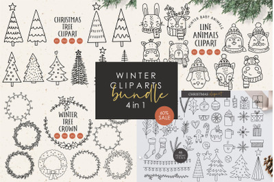 Winter cliparts bundle, Digital download, Line elements