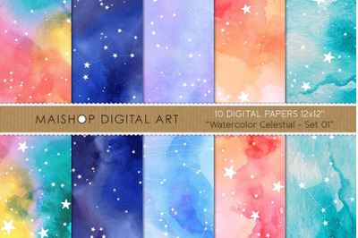 Digital Paper Watercolor Celestial Set 01