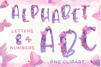 Pink Butterfly Alphabet Clipart. Watercolor Baby Girl Letters &amp; Number