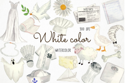 Watercolor White Clipart, White Color Clipart, White Objects Clipart