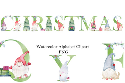 Watercolor Alphabet with christmas gnomes.