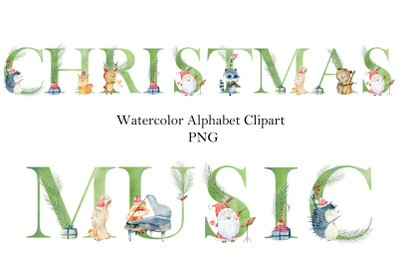 Christmas watercolor alphabet with animals.