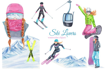 Watercolor skiing and snowboarding clipart, winter clipart, ski poster