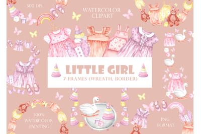 Little girl frame, wreath. Watercolor clipart. Baby girl clothes, toys