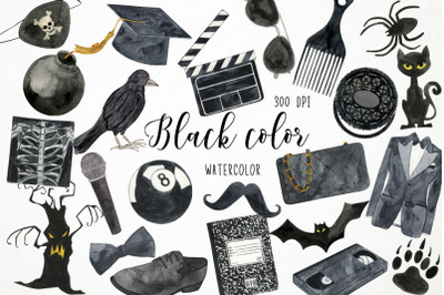 Watercolor Black Clipart, Black Color Clipart, Black Objects Clipart