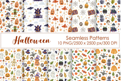 Watercolor Halloween Seamless Patterns.