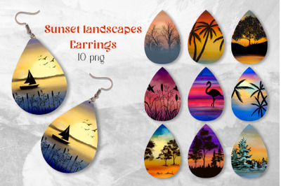 Sunset landscape Earring sublimation PNG Bundle Teardrop design