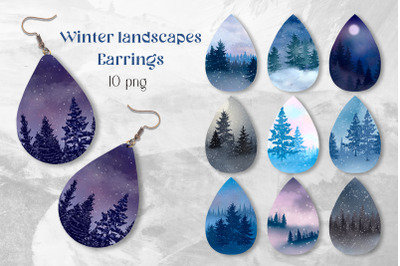 Winter forest landscape Earring sublimation PNG Bundle Teardrop design