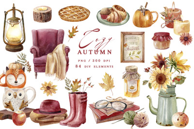 Cozy autumn watercolor clipart fall flowers fall sublimation