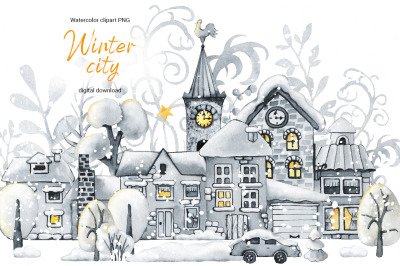 Winter city watercolor clipart, Christmas night, streets, houses, snow