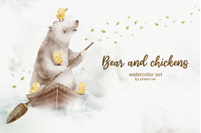 BEAR AND CHICKENS watercolor set