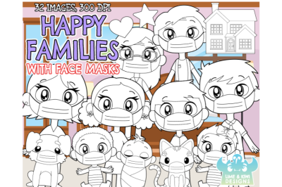 Happy Families With Face Masks Digital Stamps
