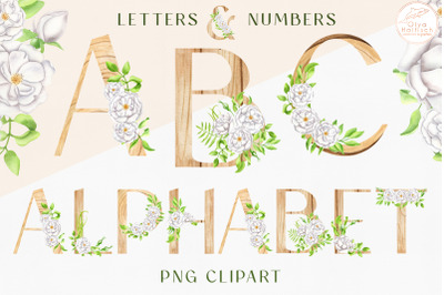 Watercolor Floral Alphabet Clipart. Rustic Wood Letters and Numbers