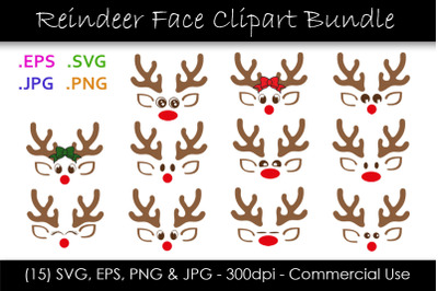 Christmas Reindeer Face Clipart Bundle