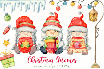 Christmas Gnome Clipart | Watercolor cute Gnomes Png.