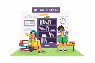 Kids Reading Books in a School Library Vector Illustration