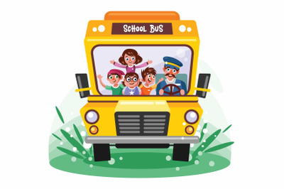 Kids Riding School Bus Vector Illustration