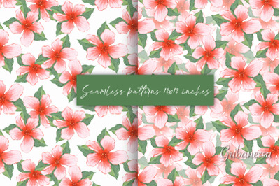 Red flowers. Watercolor seamless patterns