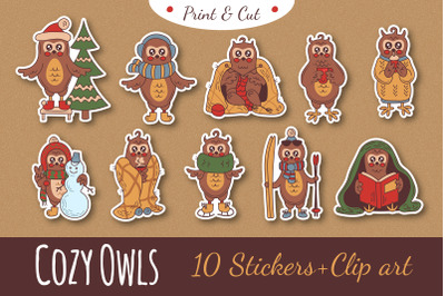 Cozy Owls Christmas stickers, clipart
