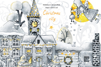 Christmas city, winter houses, watercolor clipart