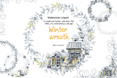 Christmas wreath, watercolor clipart, frost patterns and snow houses