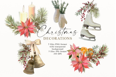 Christmas Decorations Clipart Winter Holiday Vintage Style Set