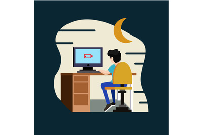 Working Late Flat Vector Illustration