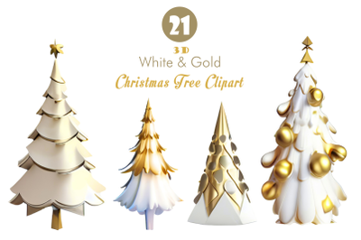 3D White and Gold Christmas Tree Clipart Bundle